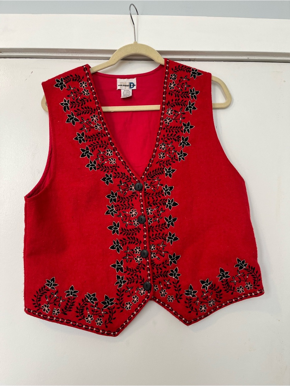 Vintage Red Embroidered Floral Vest wool cotton blend women’s large 90s